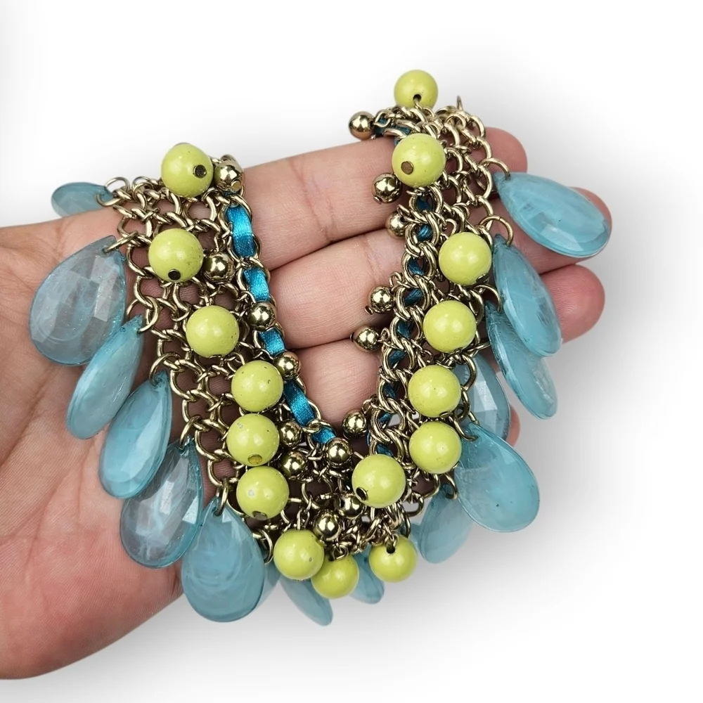 RJ Graziano Statement Chain Necklace Faux Turquoise Bib Green Blue Gold Tone 18